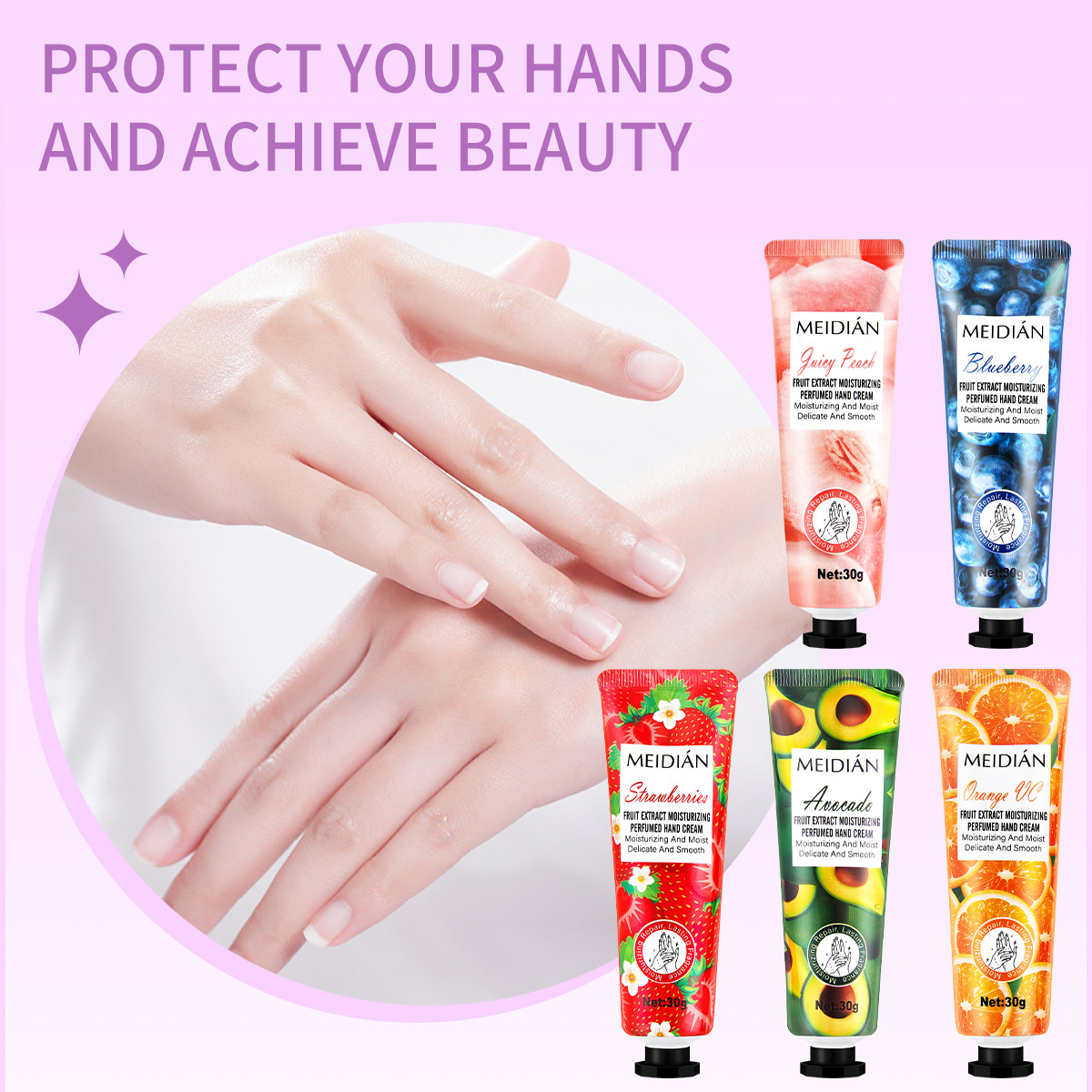 【 Cross-border Exclusive 】 Wholesale of 5-Pack of Meidian Fruit-Scented Scented Hand Cream for Hydrating, Moisturizing and Hydrating details Picture
