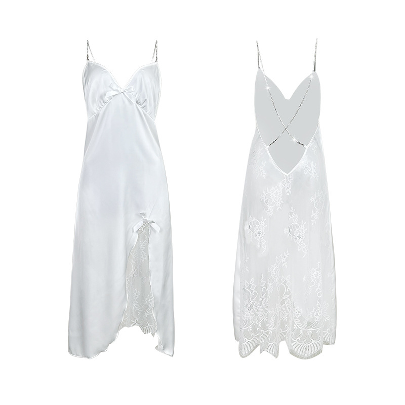 European and American cross-border halter dress, sexy slit nightgown, pure and sensual girl's eyelash lace patchwork home wear 825 Item Picture