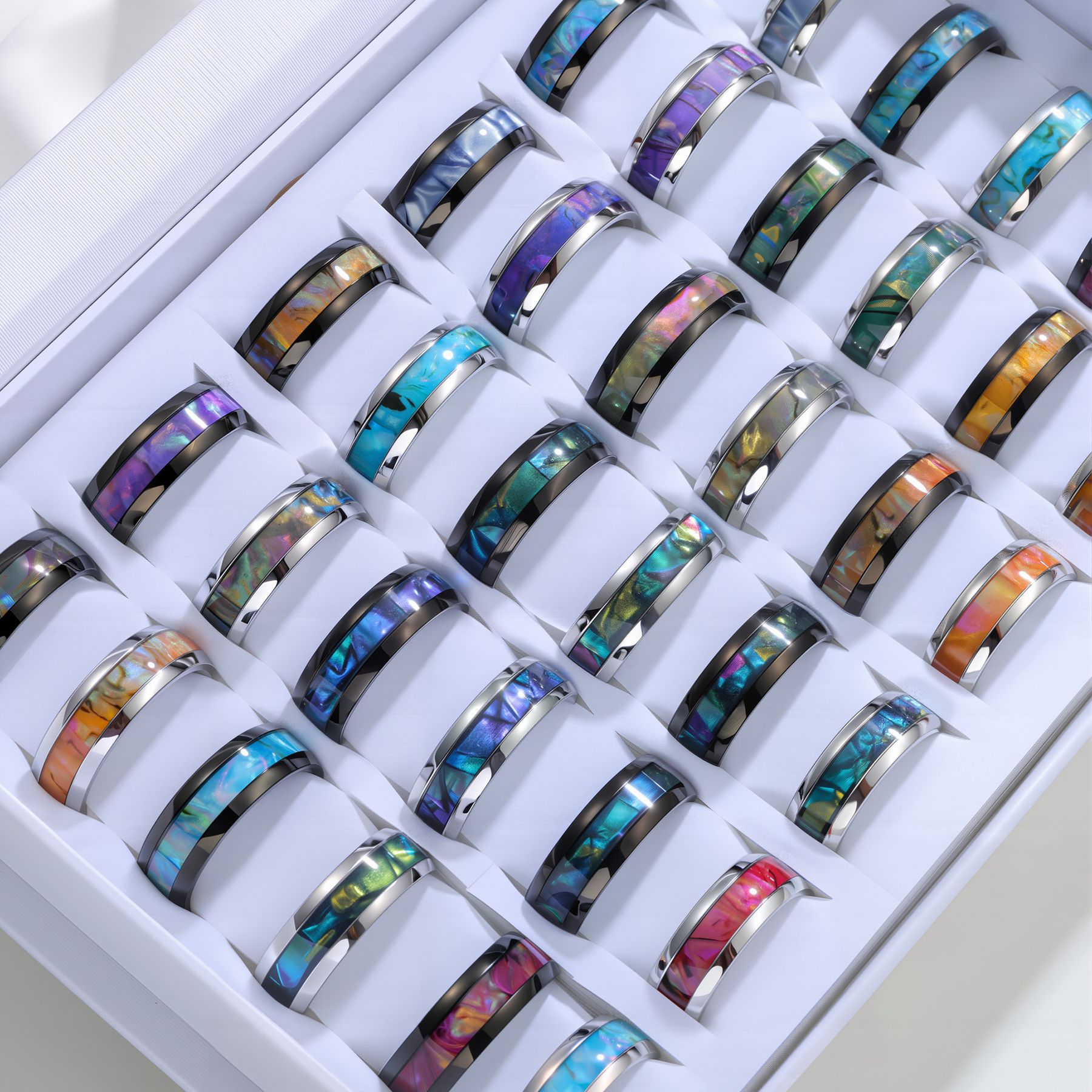 2025欧美爆款各种颜色贝 壳指环混批36盒装钛钢男士戒指工厂批发