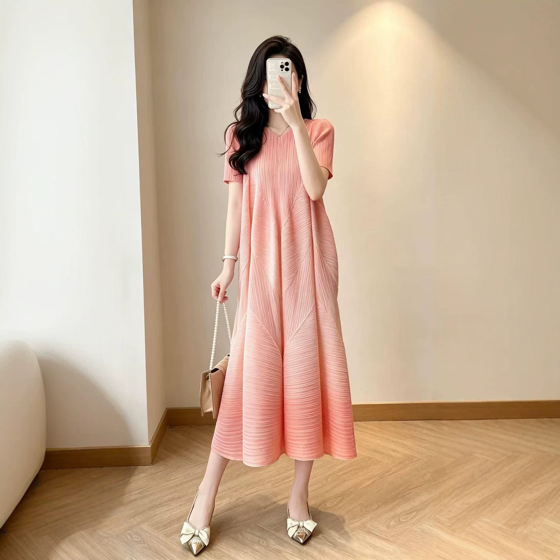 三宅专柜冷淡风女装高级感连衣裙设计感褶皱廓形短袖蛋糕公主裙子