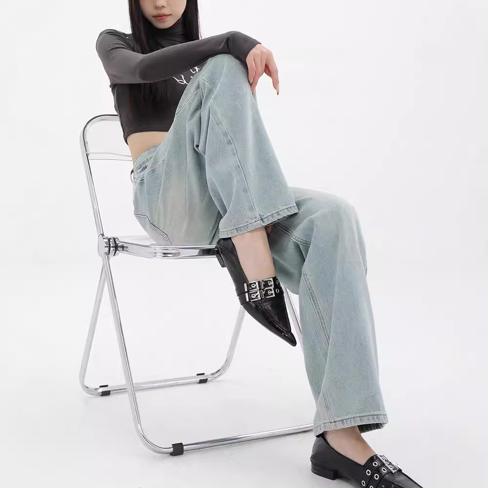 美式浅色磨白宽松直筒牛仔裤女2024年新款百搭显瘦阔腿水洗磨白