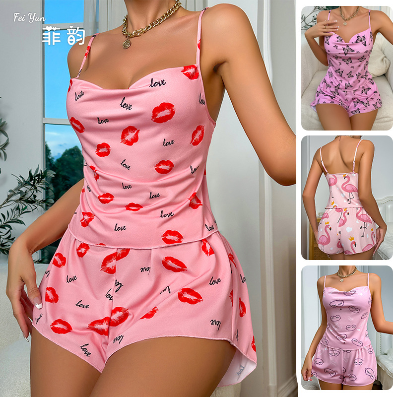 Feiyun's new cross-border printed sexy halter shorts set, romantic underwear, fashionable bestsellers, home wear 593 full figure