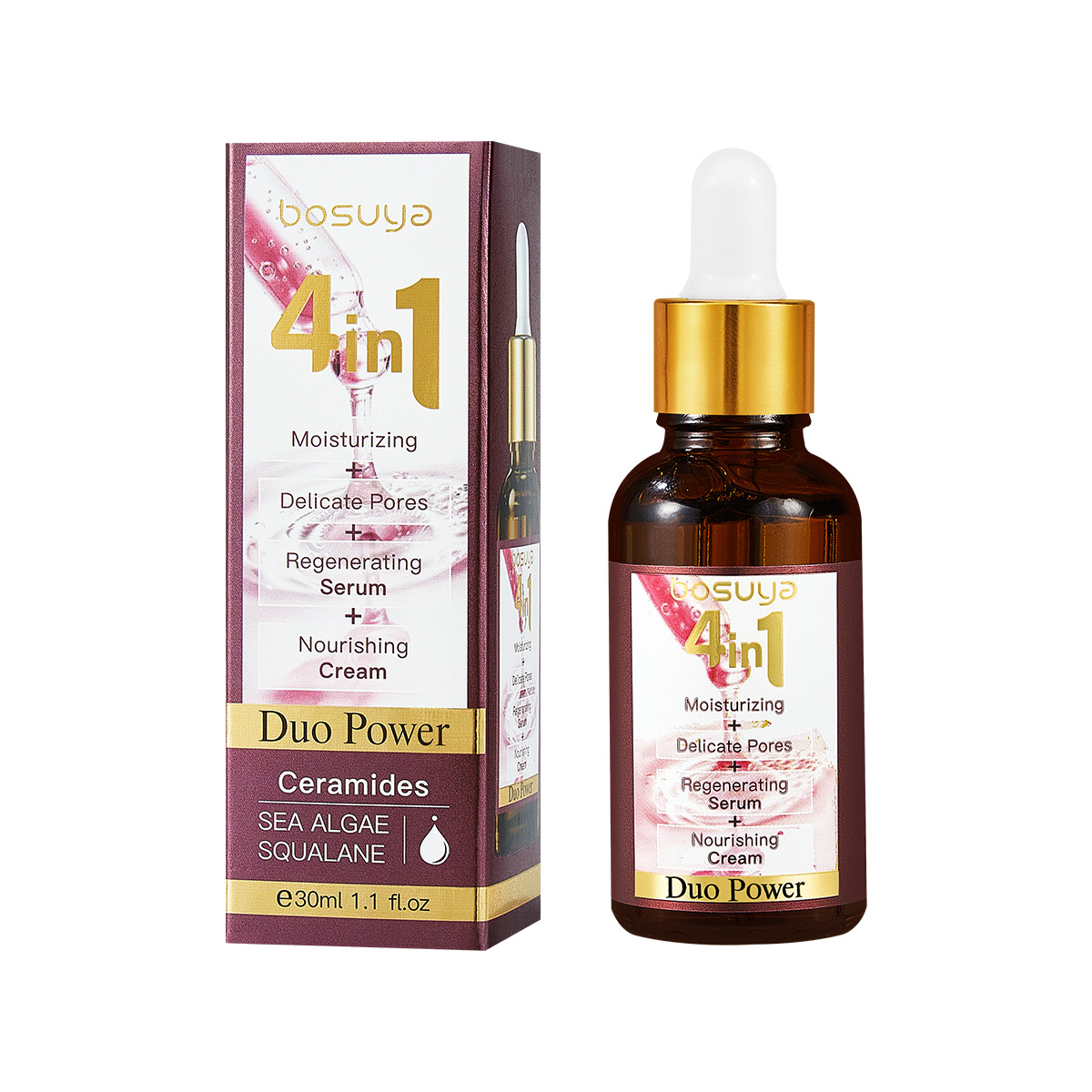 【跨境专供】BOSUYA精华液4in1精华液淡化细纹滋润保湿护肤品批发白底实物图