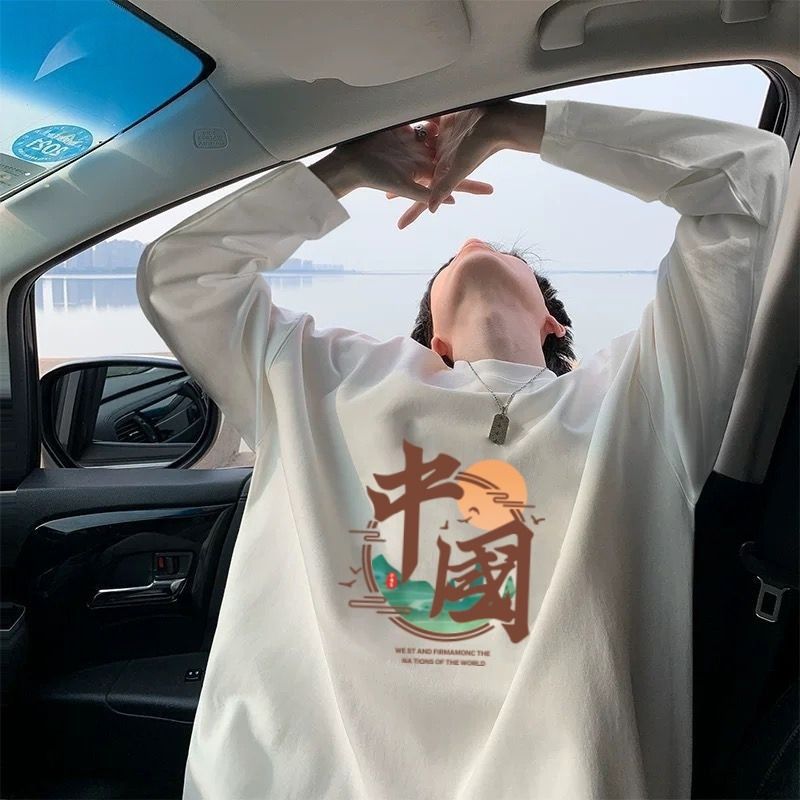 100% cotton high-quality spring and autumn heavyweight long-sleeved T-shirt, men's versatile and cool white top, student Korean style base layer details Picture