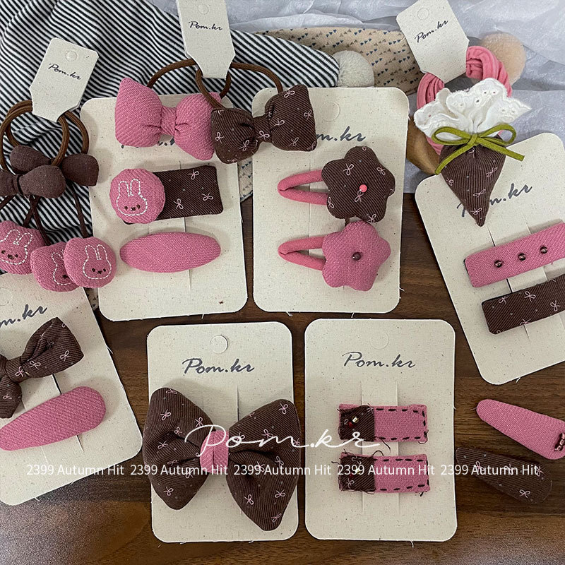 New Korean-style autumn pink coffee bow hair clips, children's color-blocking side wavy bangs clips, elastic ponytail hair bands