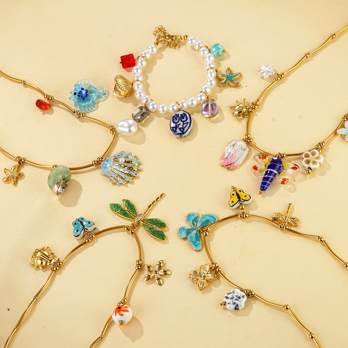 欧美不锈钢花朵蝴蝶手链时尚夏日海滩风贝壳海螺小众项链饰品批发图