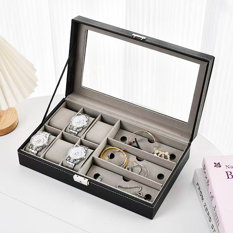 Watch and glasses integrated storage box, pu leather, simple, exquisite and elegant, multi-functional jewelry organization and display box