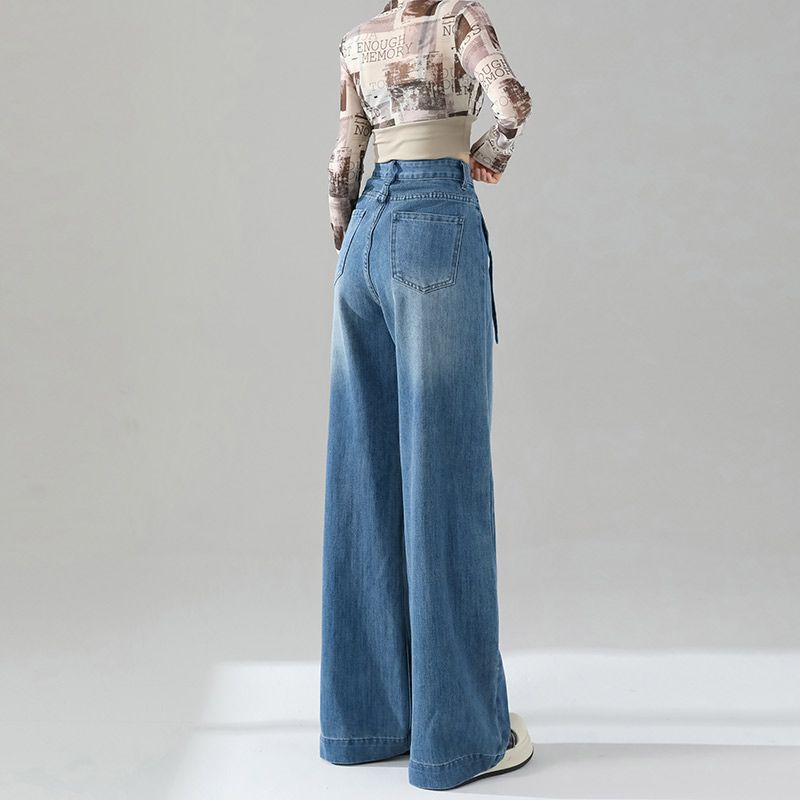 Retro blue high-waisted wide-leg jeans for women's autumn and winter with fleece 2025 new design sense loose straight-leg floor-length pants