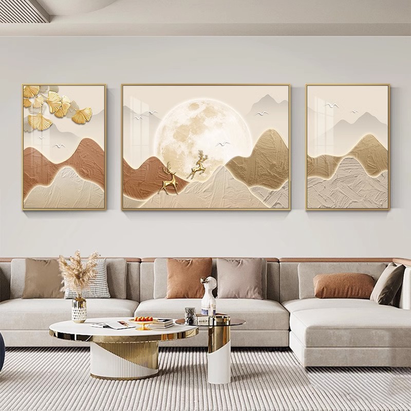 轻奢客厅装饰画幸福有鹿沙发背景墙挂画高档大气三联画高级感壁画