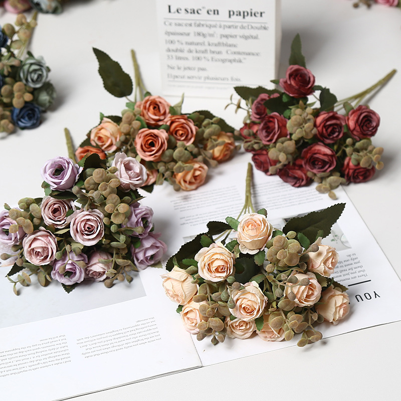 仿真花10头小乔玫瑰绢花家具装饰批发婚礼拍摄道具室内布置假花