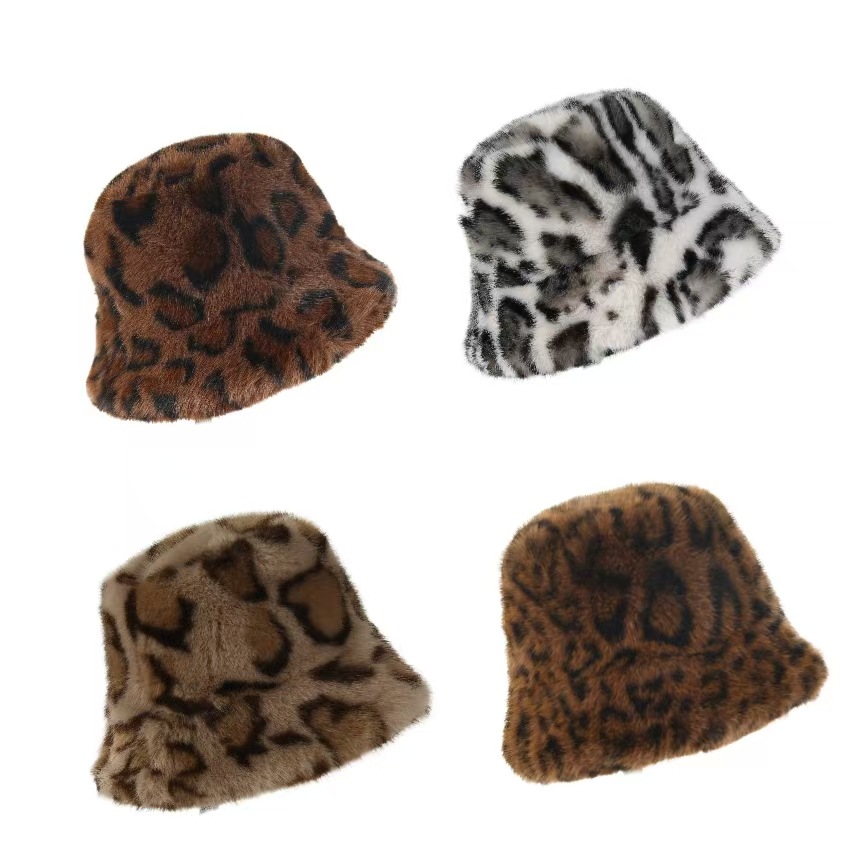 2024秋冬ins潮流毛绒豹纹渔夫帽子女百搭保暖护耳盆帽复古ins风