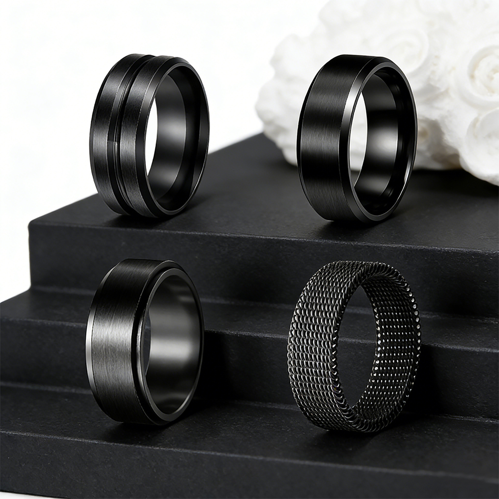 跨境亚马逊爆款简约黑磨砂编织男女戒指 潮牌个性不锈钢指环戒指