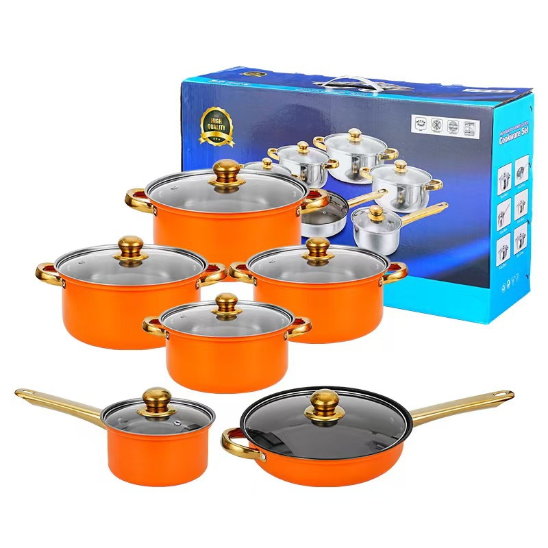 Cross-border 12-piece cookware set: Stainless steel milk pot, soup pot, frying pot combination, Gold-plated handle pot Cookware set Item Picture