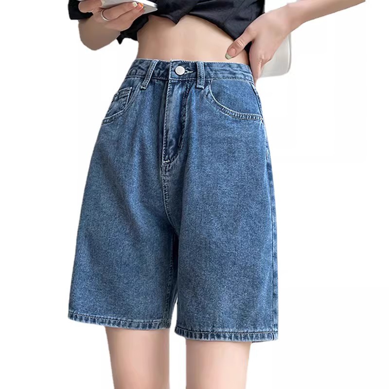 High-waisted denim shorts for women 2026 new summer, simple commuting style, straight-leg capri pants, loose and slimming wide-leg pants Item Picture