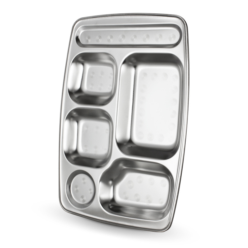 06 thick stainless steel thickened large six-compartment fast food plate, Chinese buffet plate, square dinner plate, hotel tableware supplies Item Picture