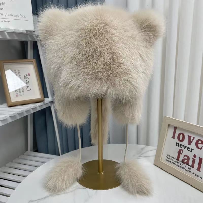 Fluffy little bear hat for women, thick and warm for ears in autumn and winter, Lei Feng hat, cat ear plush headscarf hat, casual and versatile Specification drawing