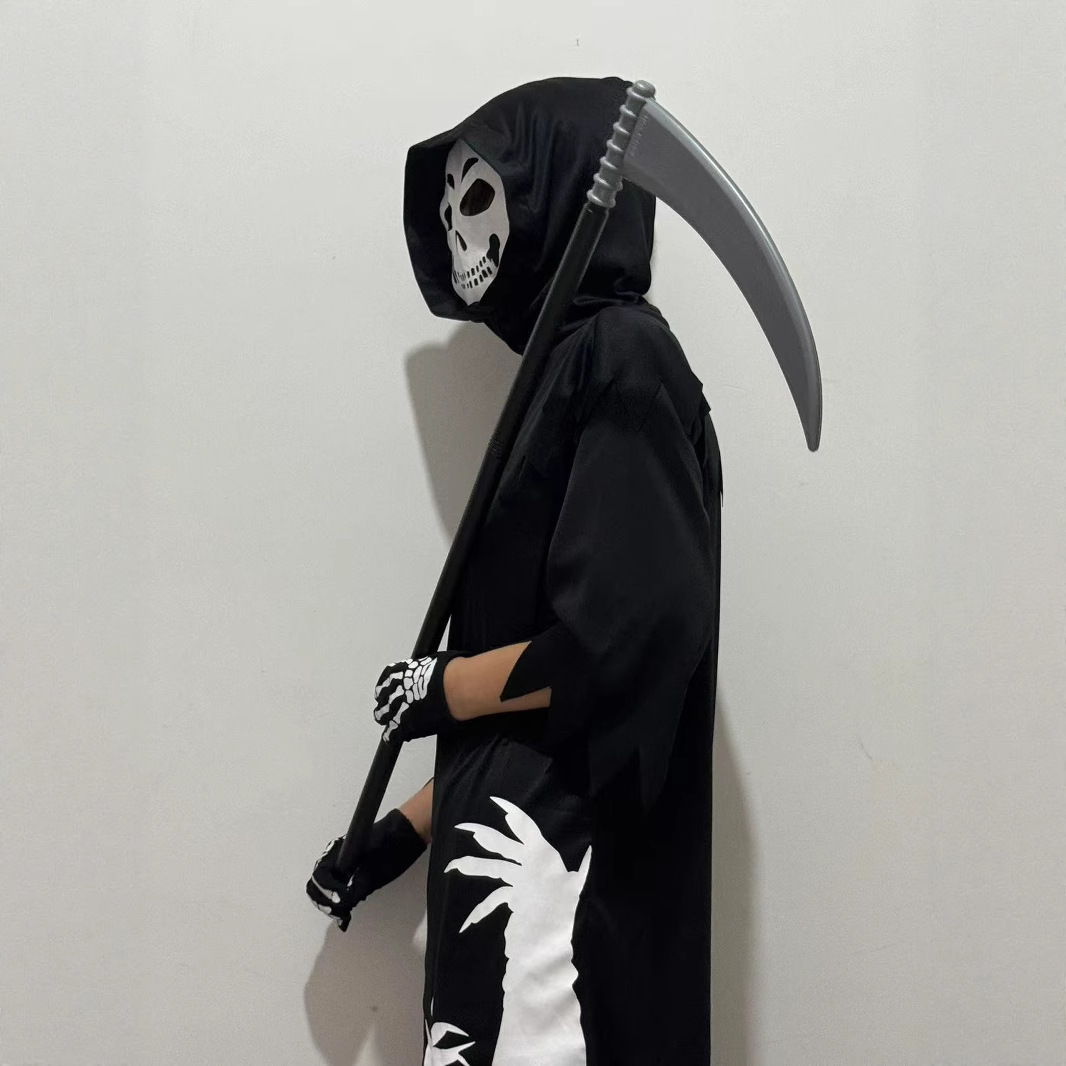 欧美跨境万圣节儿童派对cosplay服装黑袍死神装扮骷髅架角色扮演产品图