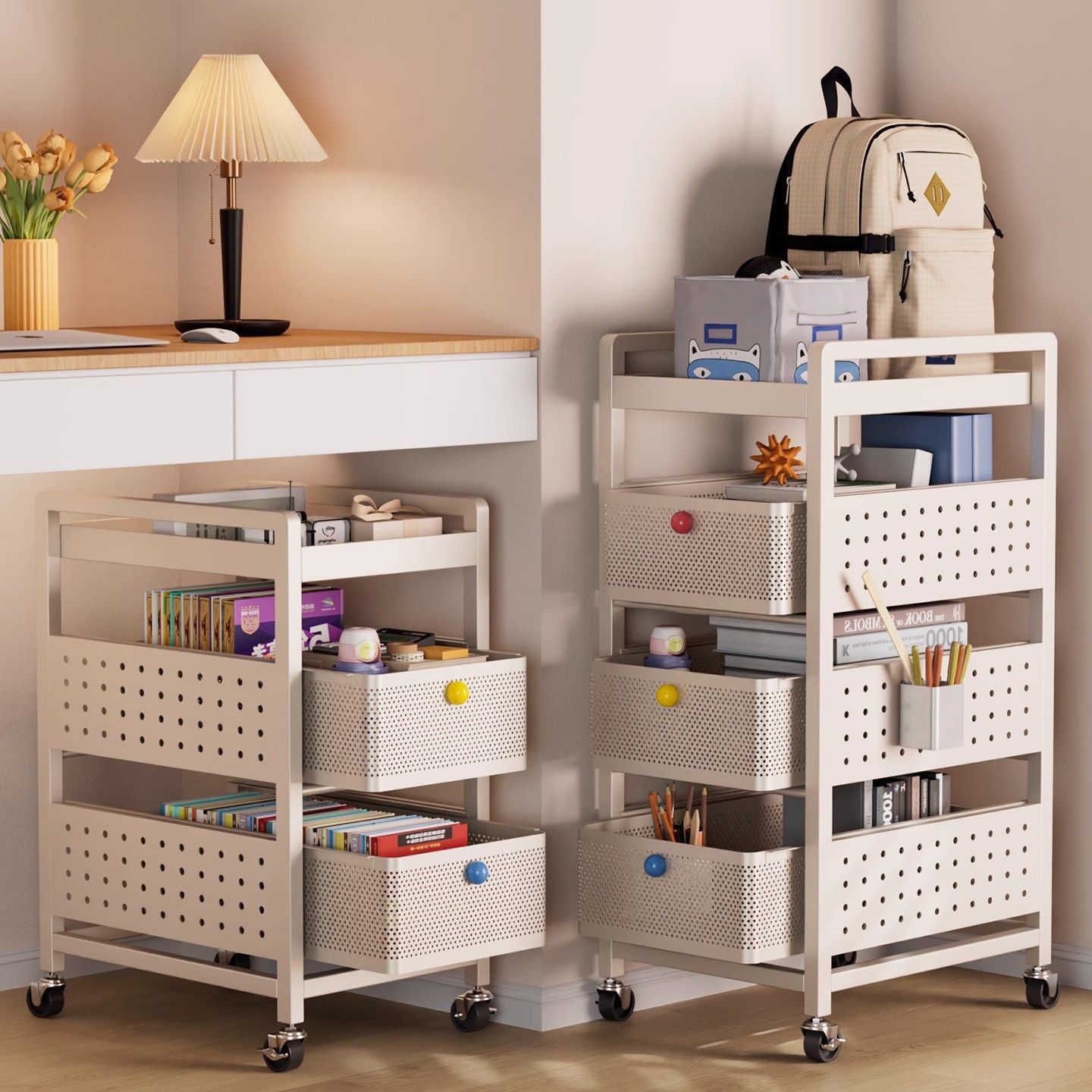 Carbon steel schoolbag storage rack, movable trolley, book storage rack, multi-layer schoolbag storage under the table, with wheels for storage