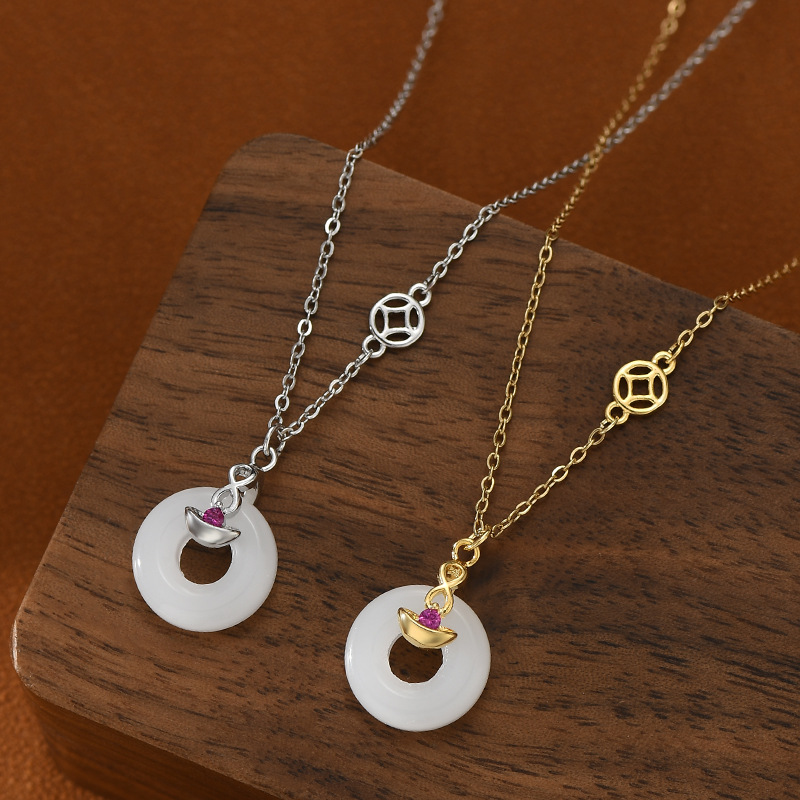 真金电镀中国风新中式平安扣锁骨链女小众设计感元宝吊坠项链批发详情图2