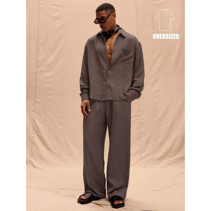 Y 13555 Linen Long Sleeve Shirt Set Linen Lapel long sleeve shirt set