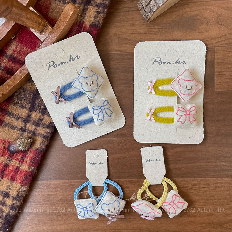 New Korean-style sweet hand-embroidered little bear hair clip fabric children's side broken hair bangs clip bow hair accessory Pom.kr Little bear bow embroidery hair accessory: blue, yellow and pink hair clips and hair bands soft and cute sweet girl