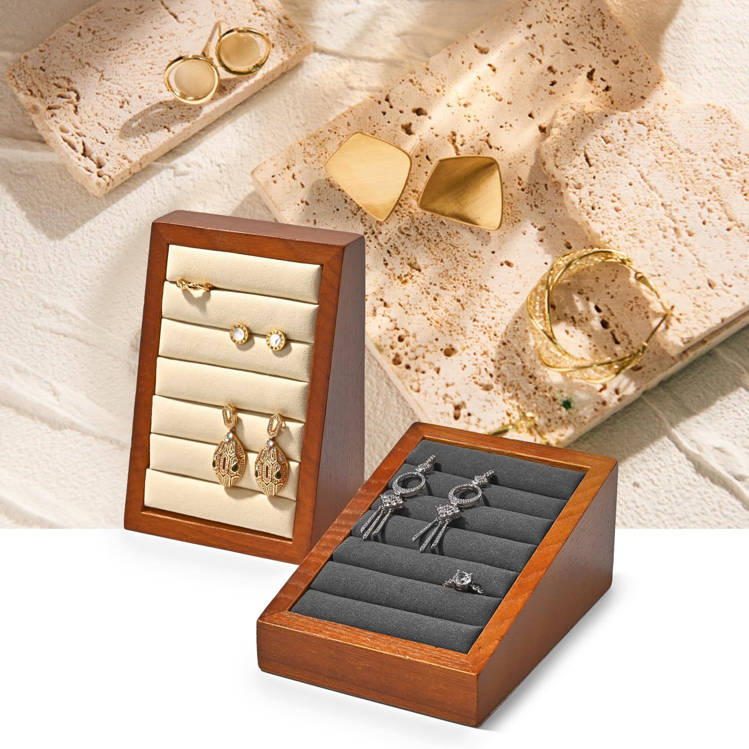 高档实木珠宝收纳盒戒指耳环绒布展示盒精品珠宝店展示道具