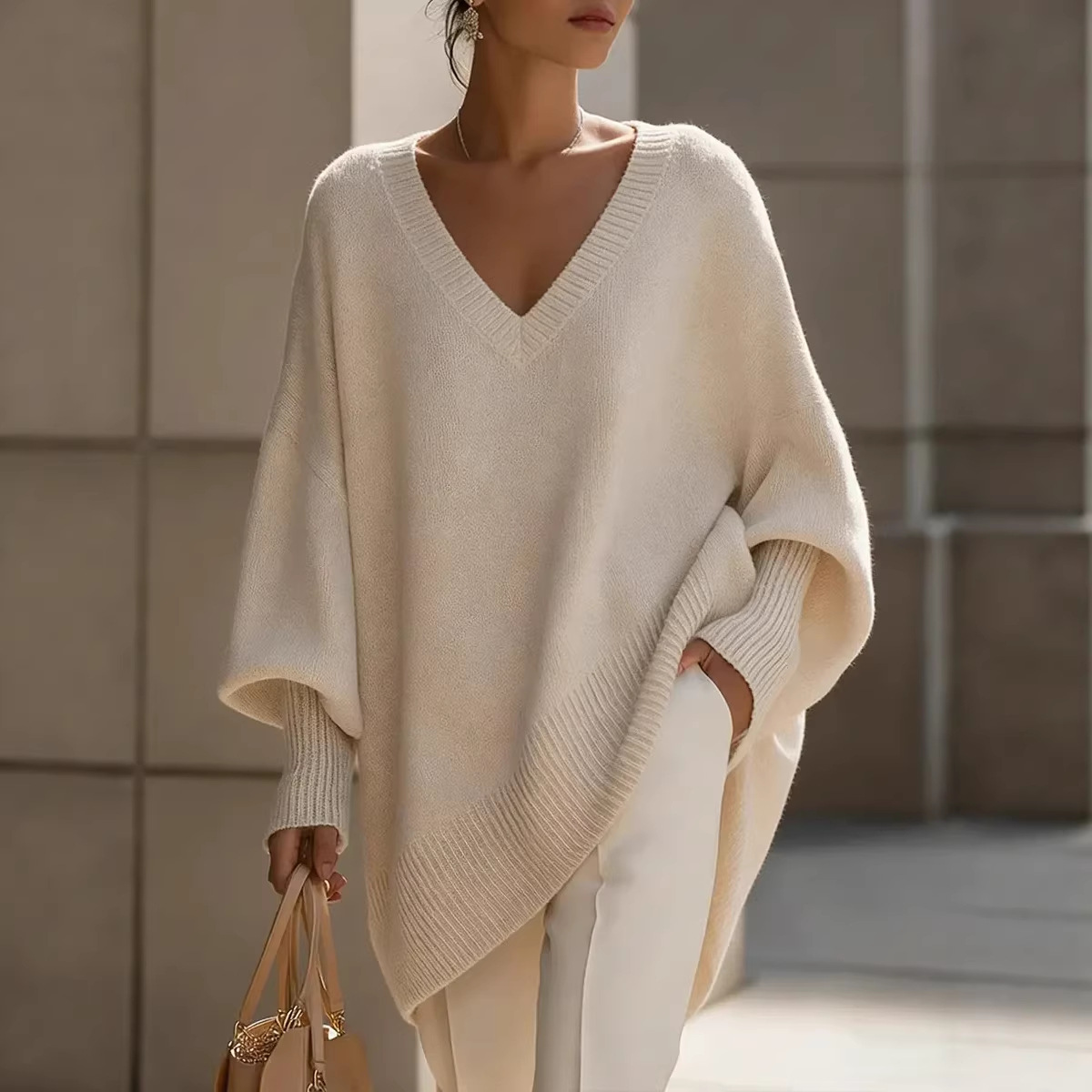 Independent station 2026 Spring Cross-border solid color long-sleeved V-neck laid-back style sweater women's loose knitted top
