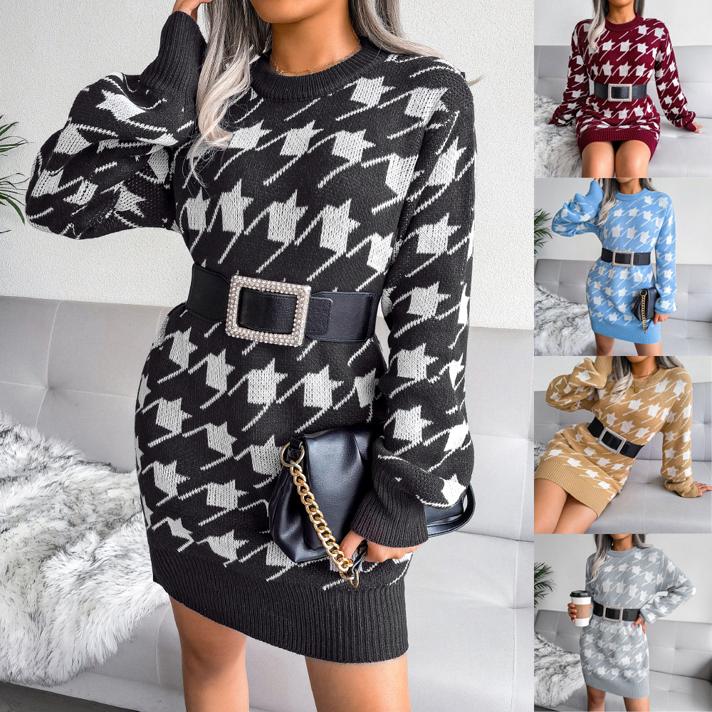 Ins-style real photos of autumn and winter European and American casual lantern-sleeved and checkered knitted sweater dresses, independent station cross-border women's clothing full figure