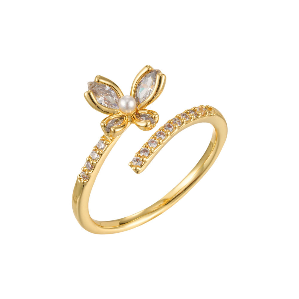 Estilo francés viento suave mariposa anillo abierto aleación de cobre chapado de oro real micro zirconia incrustado anillo ajustable Item Picture