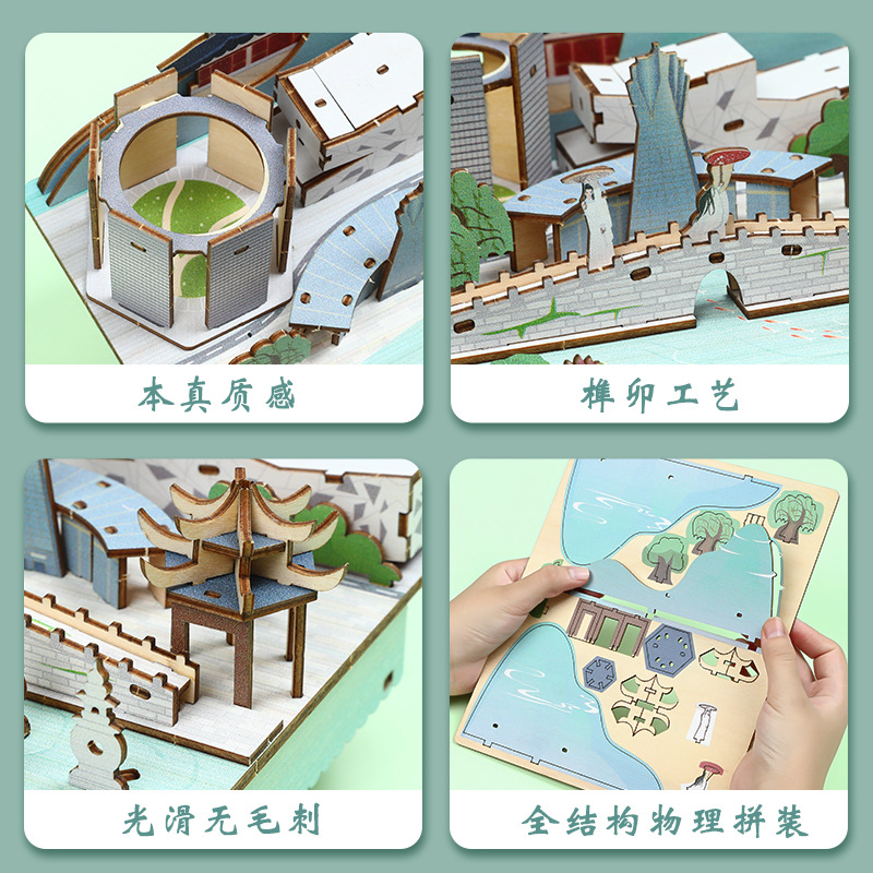 Chaotong Wholesale Poetry and painting Hangzhou music box, West Lake Leifeng Pagoda Miniature three-dimensional assembly decorative items, wooden commemorative toys Application Scenario