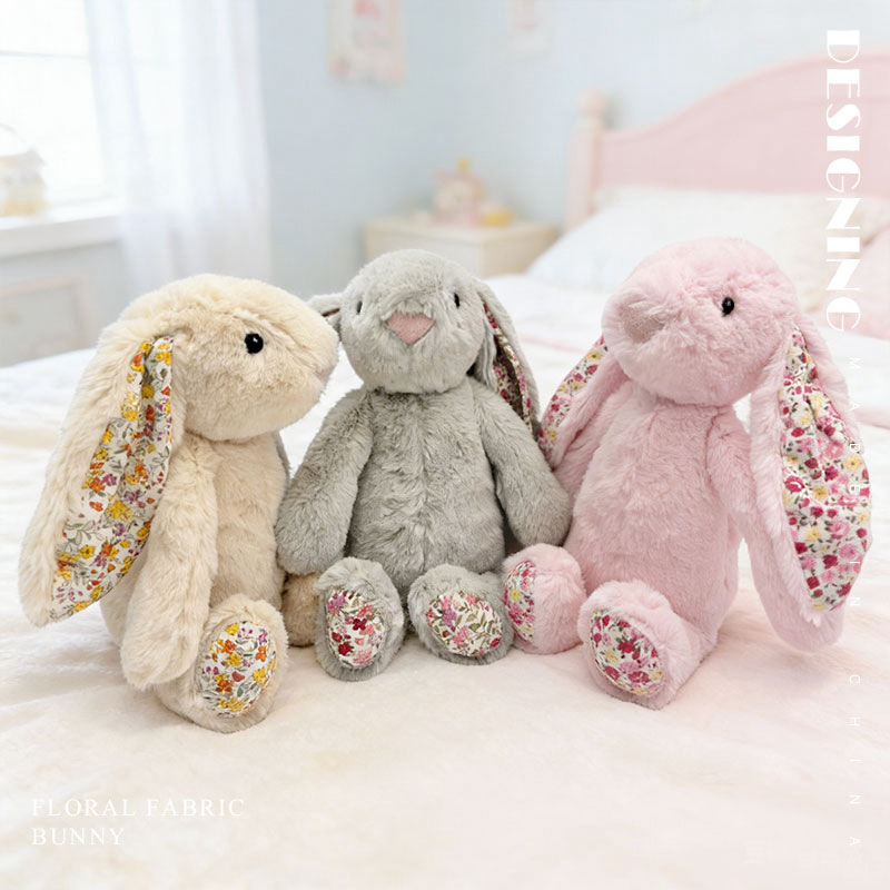British floral looping ear rabbit doll, Bonnie Rabbit plush toy, little rabbit doll, birthday gift, soothing rabbit Specification image