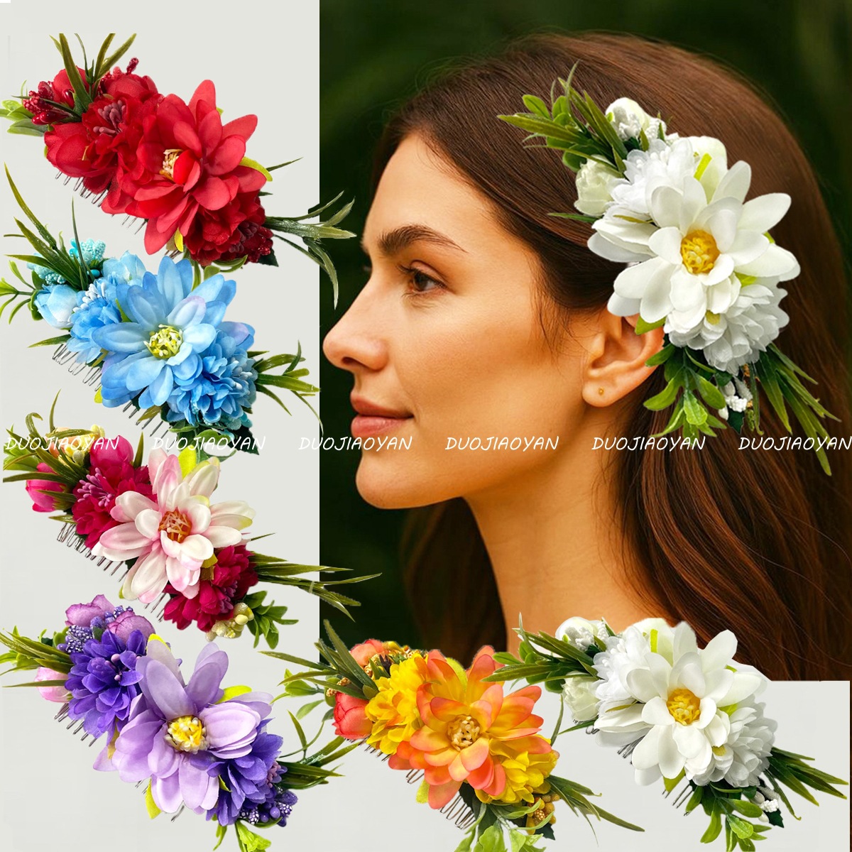 The new forest-themed flower hair comb from Europe and America exudes a high-end look. The bride's photo headwear is super ethereal. The realistic flower bun hair accessory is cross-border full figure