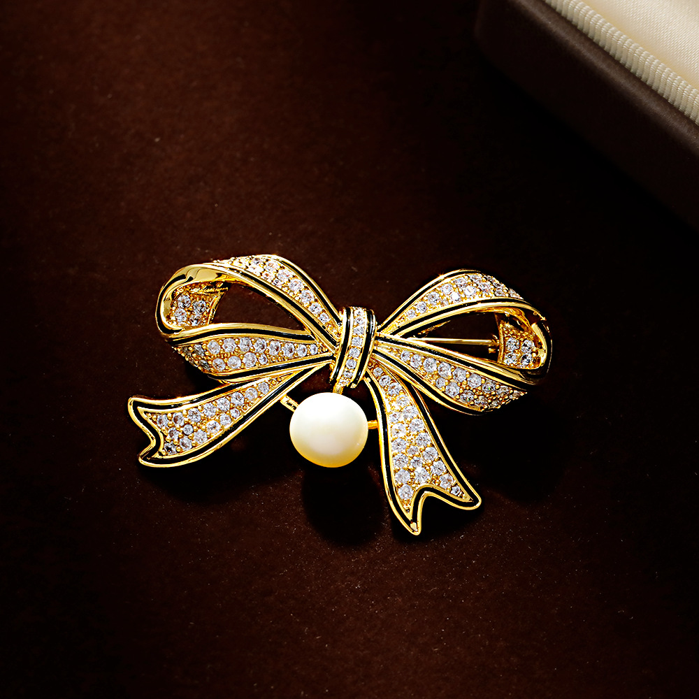 Hyacinth Heavy Industry Retro Vintage Full zirconium bow brooch, high-end black drip glaze pin, cheongsam suit accessory details Picture