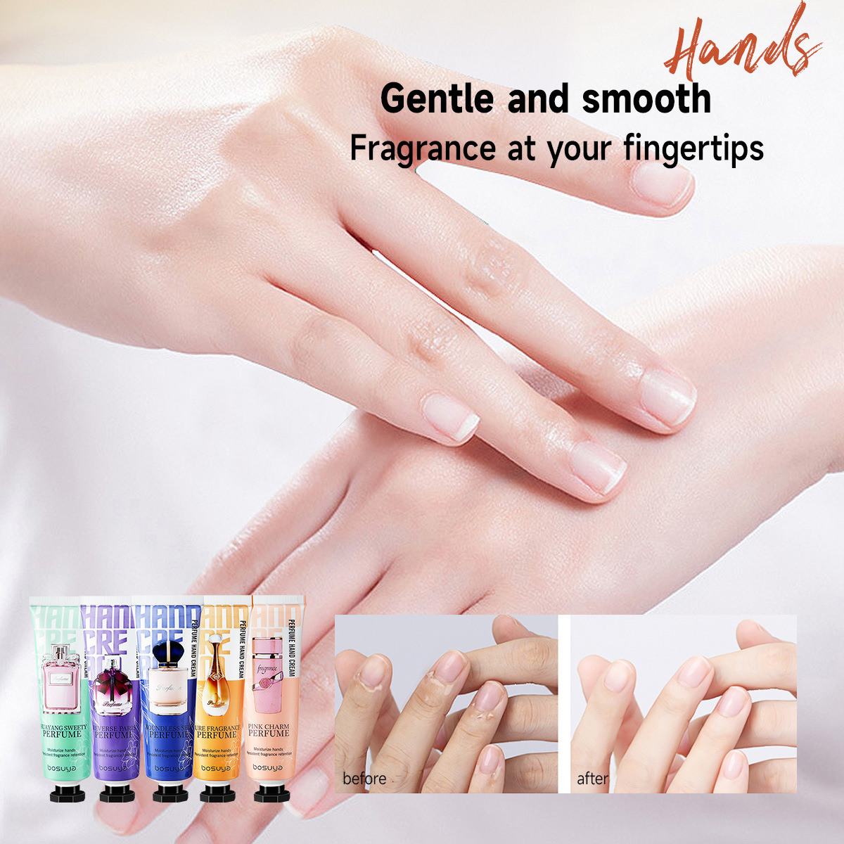 【 Cross-border Exclusive 】bosuya Perfume Hand Cream Moisturizing, Hydrating, Improving Dryness, Anti-Cracking Hand Cream Wholesale Application Scenario