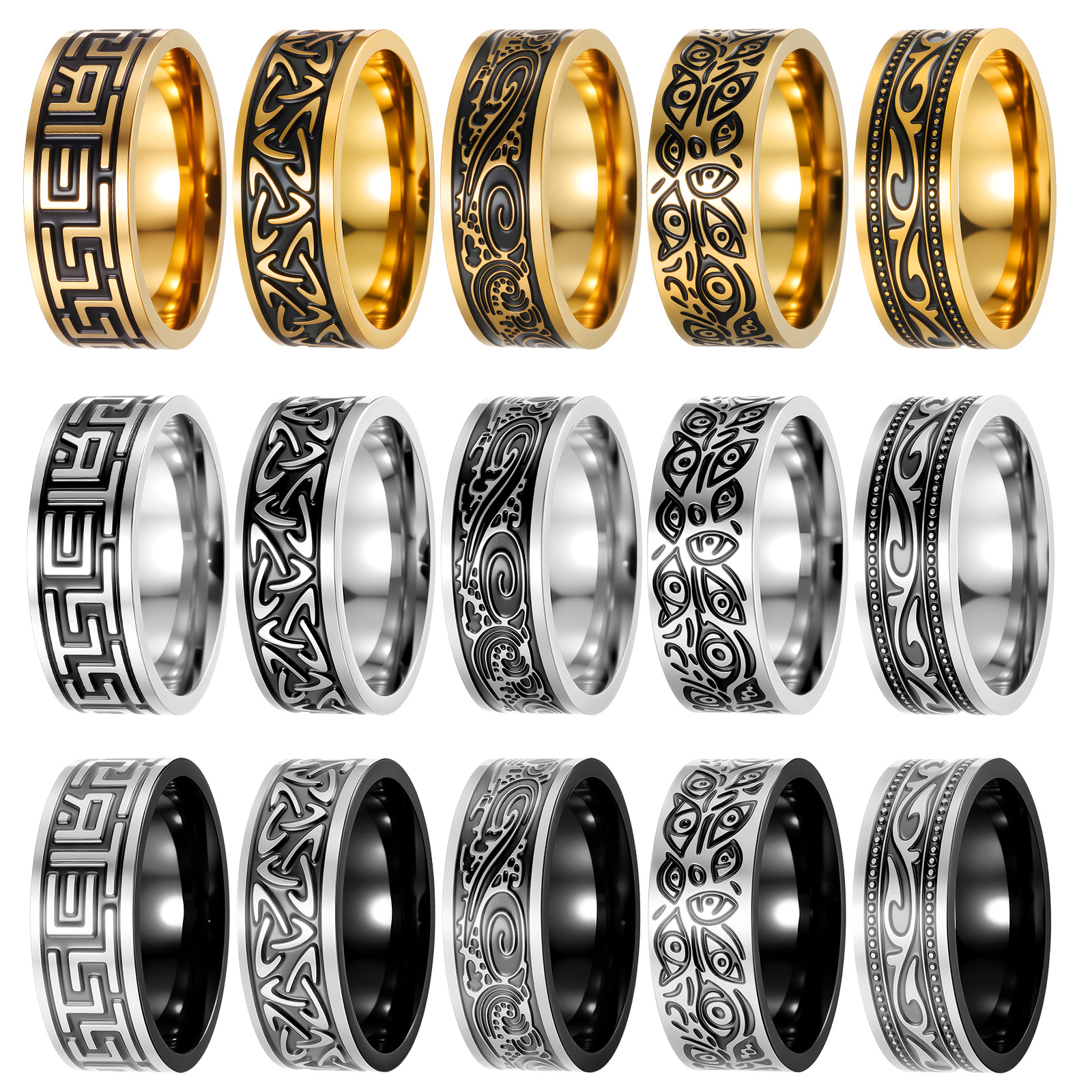 亚马逊欧美热销饰品复古维京恶魔之眼指环长城纹戒指男士钛钢戒指
