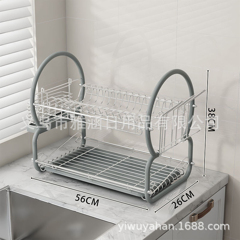 跨境多功能双层厨房收纳沥水碗盘架碗盘收纳置物架带沥水盘筷笼子产品图