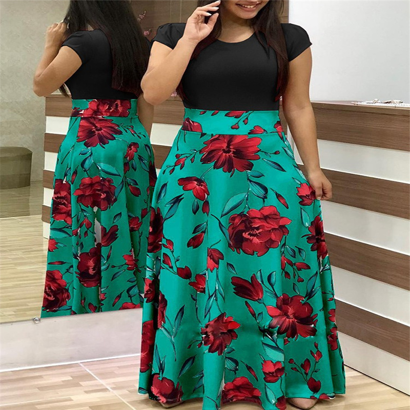 Cross-border wish AliExpress 2023 Bestseller European and American style floral print color-blocked short-sleeved plus-size dress for women Application Scenario