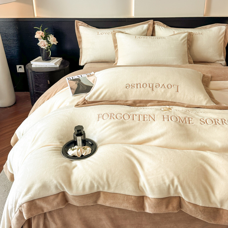 New autumn and winter milk velvet embroidered four-piece set, thickened and warm student dormitory home bed sheets, duvet covers and bedding Specification image