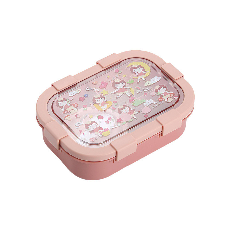 卡通饭盒儿童带饭保鲜盒可微波炉加热分格便当盒密封餐盒白底实物图