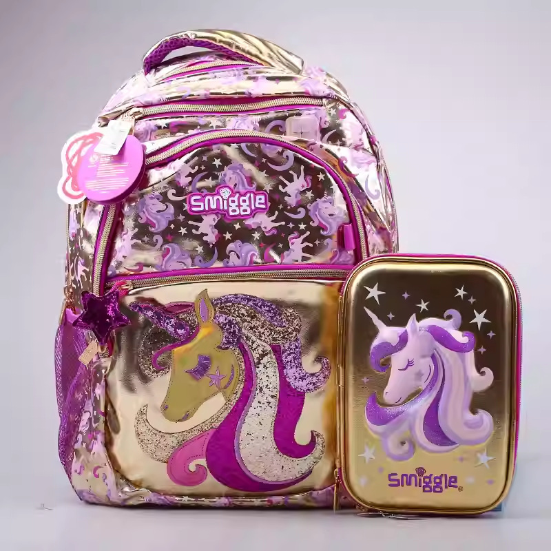 Golden Unicorn-themed schoolbag and lunch box set, thickened plastic bowl, portable student and children's tableware set