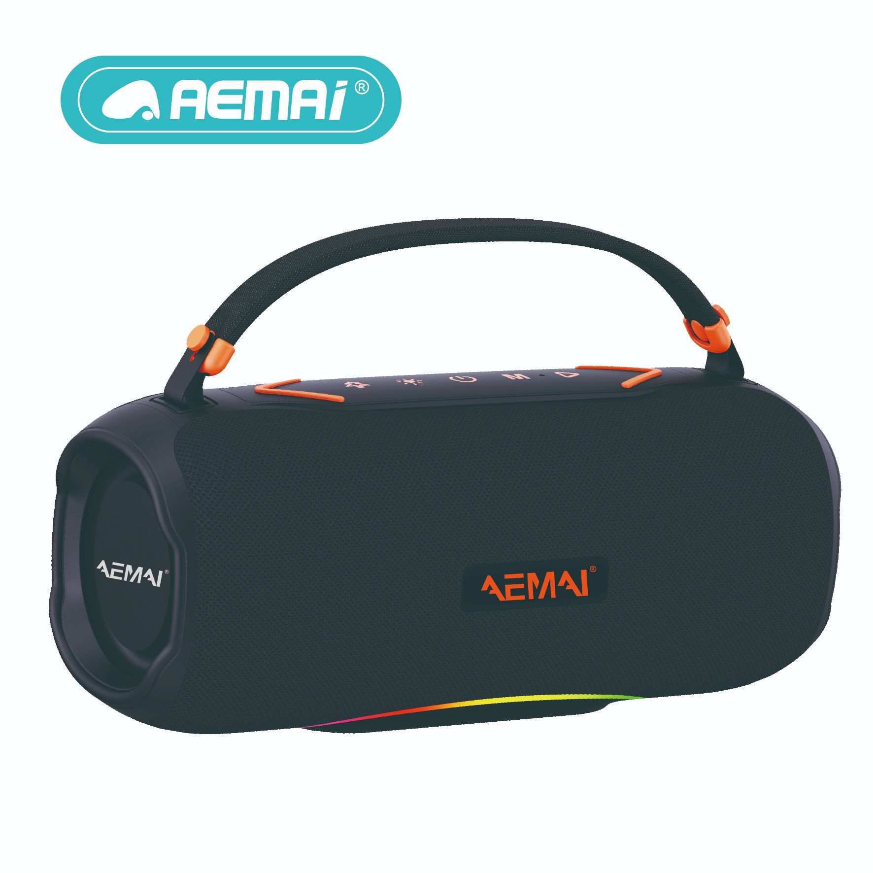 Black portable Bluetooth speaker and orange decorative rainbow light band for the health care exoskeleton wearable device Item Picture