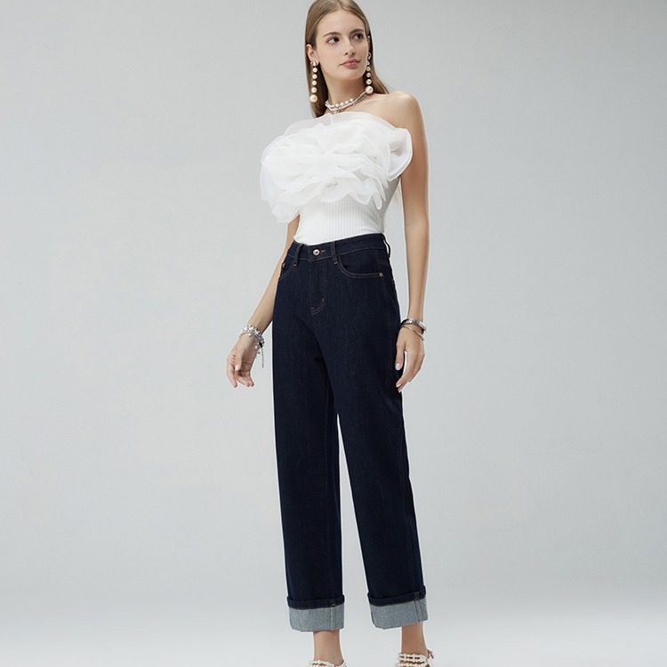 Spring and autumn new light luxury custom jeans, made of dark Lycra fabric, high-waisted, casual and versatile, trendy brand flanged details Picture