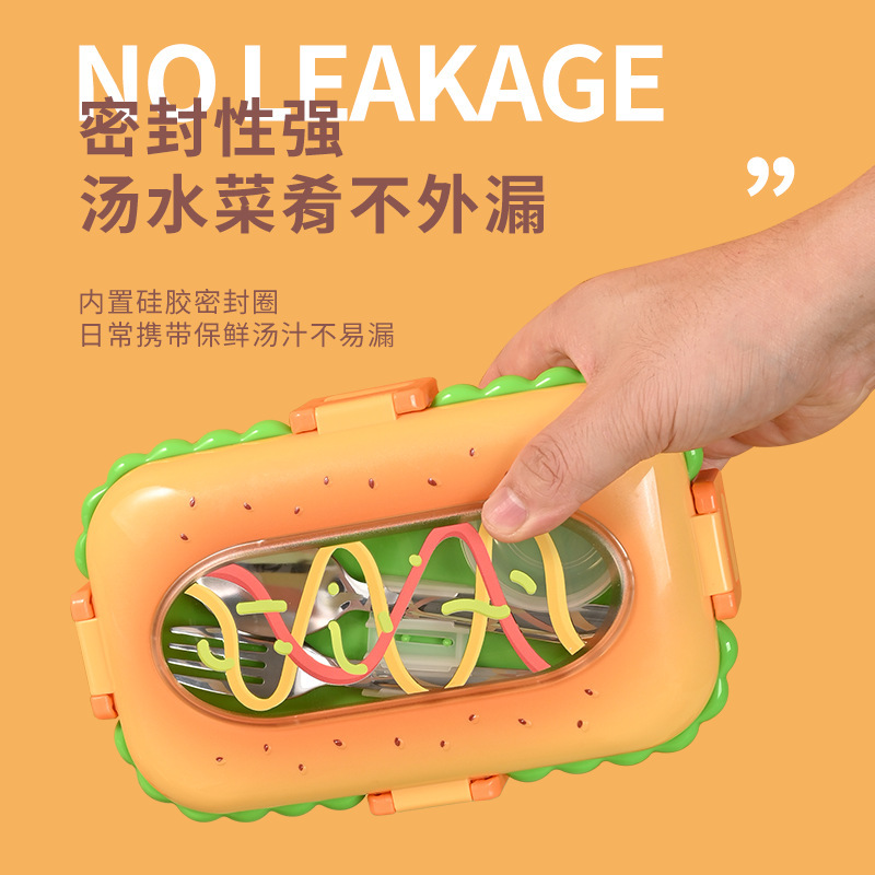 卡通304不锈钢饭盒带餐具儿童便当盒食品级巨无霸汉堡密封午餐盒产品图