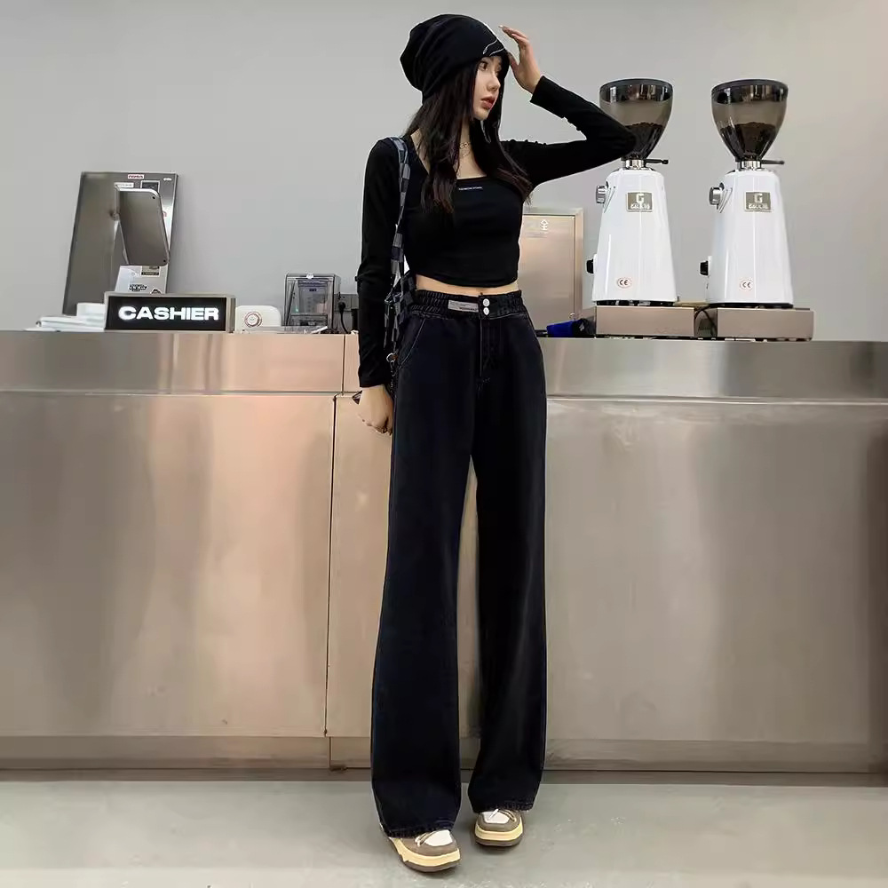 外贸定制双扣阔腿牛仔裤女2024秋爆款小个高腰显瘦垂感直筒拖地裤