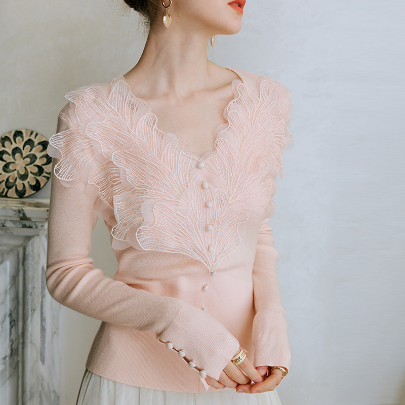 Pink feather cotton blended knitted sweater base layer for women, new Spring 2025 lace long-sleeved top details Picture