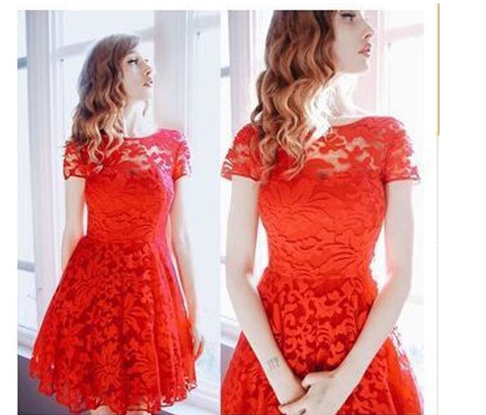 006 A new, stylish and stylish round-neck short-sleeved blue lace-trimmed dress that is selling well in Europe and America is in stock details Picture