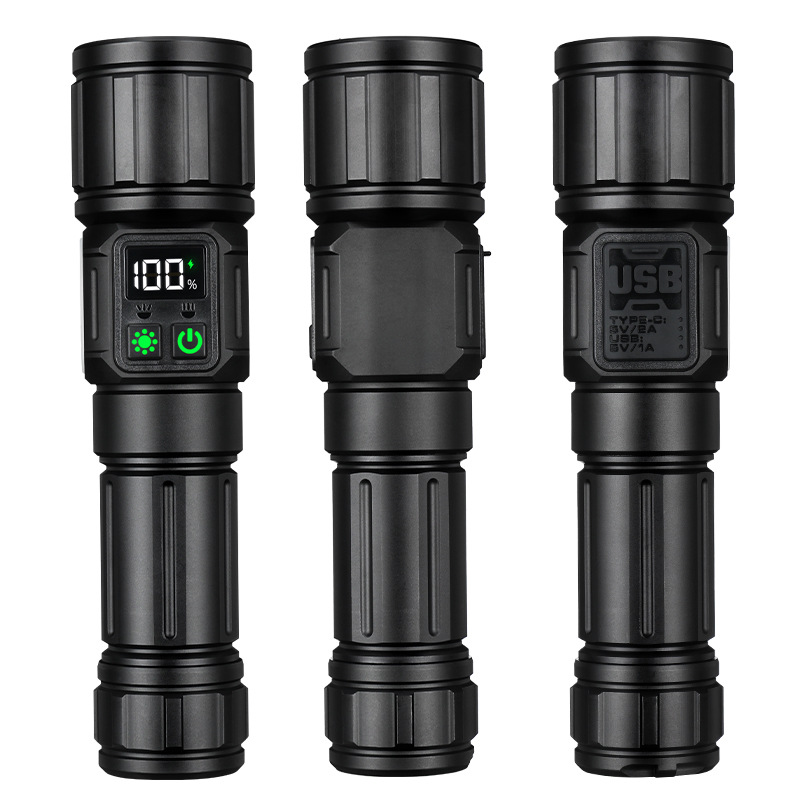 跨境大功率白激光手电筒多功能数字电显充电式变焦户外巡逻探照灯白底实物图