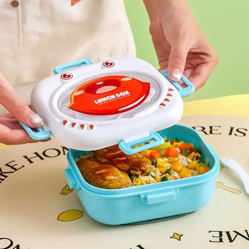 塑料饭盒食品级保鲜盒可进微波炉加热学生党可爱卡通午餐盒带餐具细节图