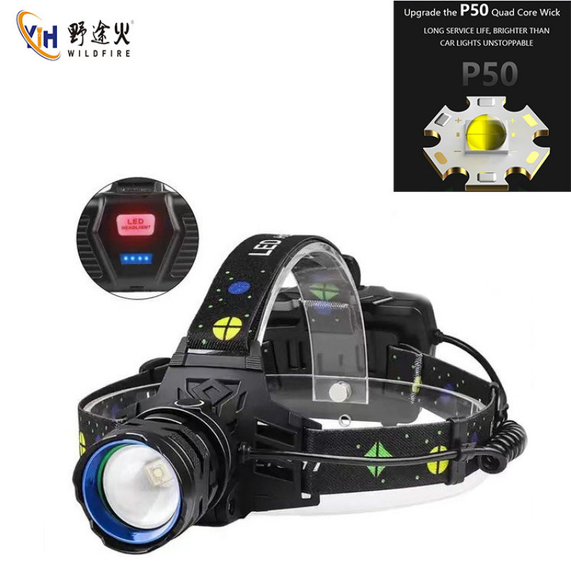 P50 New Outdoor Night Fishing Waterproof Long-Lasting Portable Long-Range High-Intensity Zoom Type-C Rechargeable Outdoor Headlamp Specification drawing