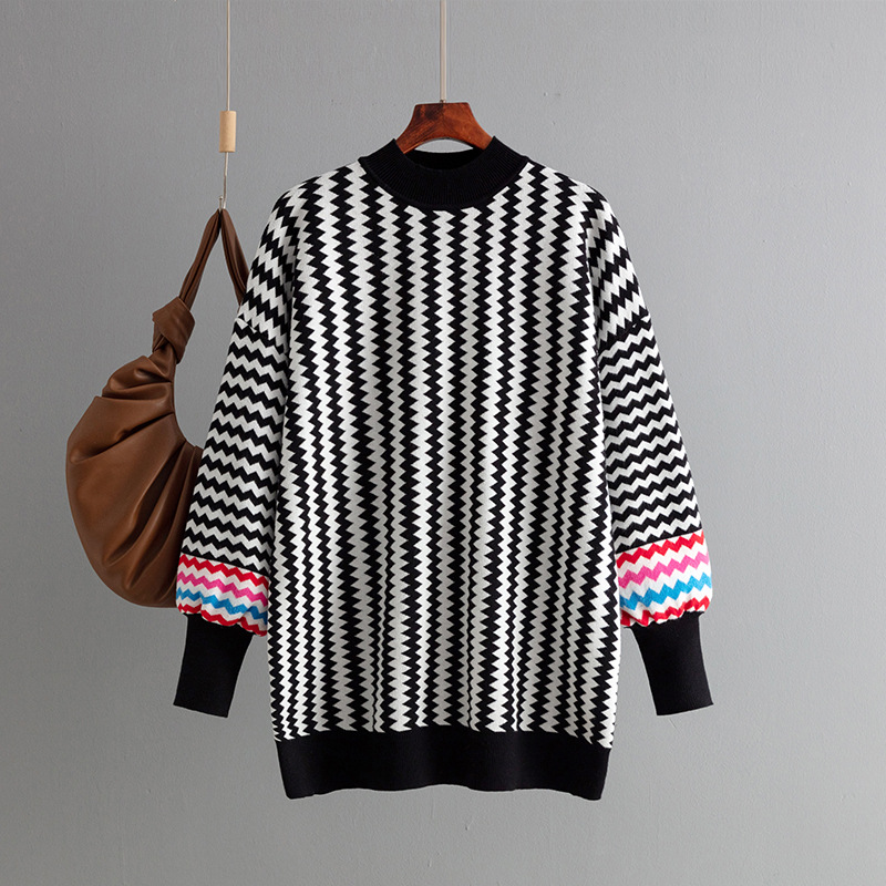 European and American cross-border women's clothing 2024 Autumn/winter new mid-length round-neck striped loose knitted sweater pullover details Picture